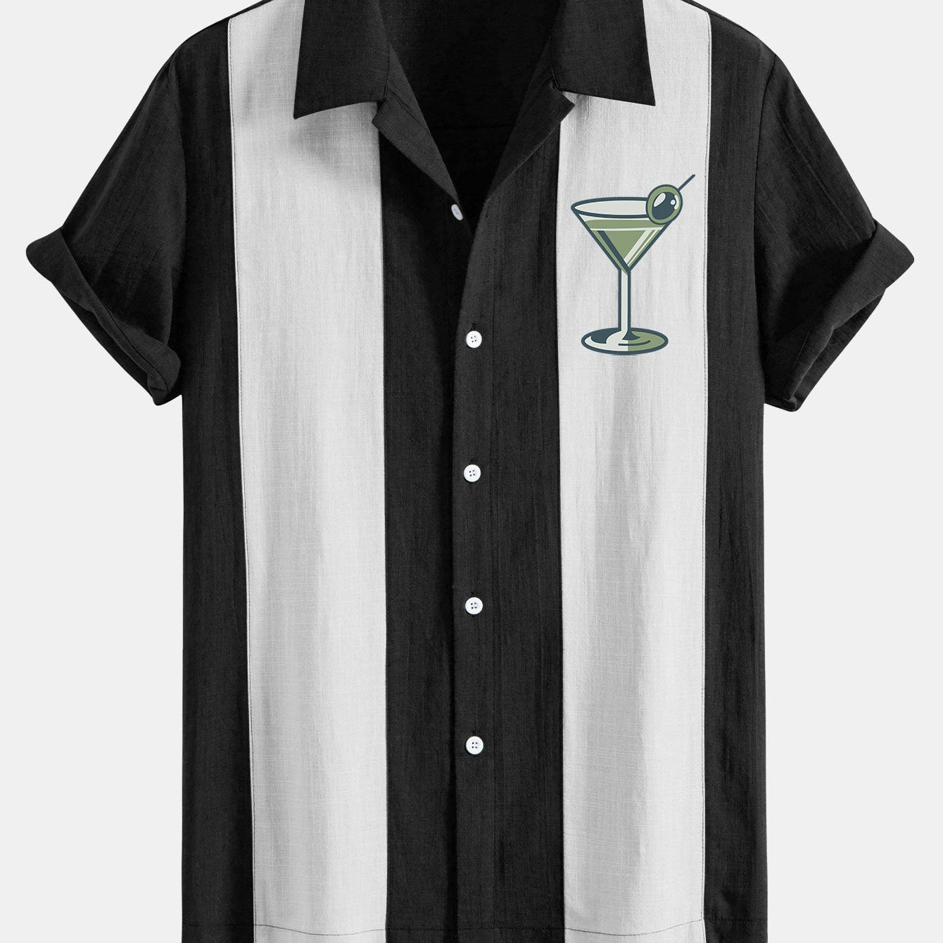 Retro Martini Cocktail Print Linen-Style Patchwork Bowling Shirt
