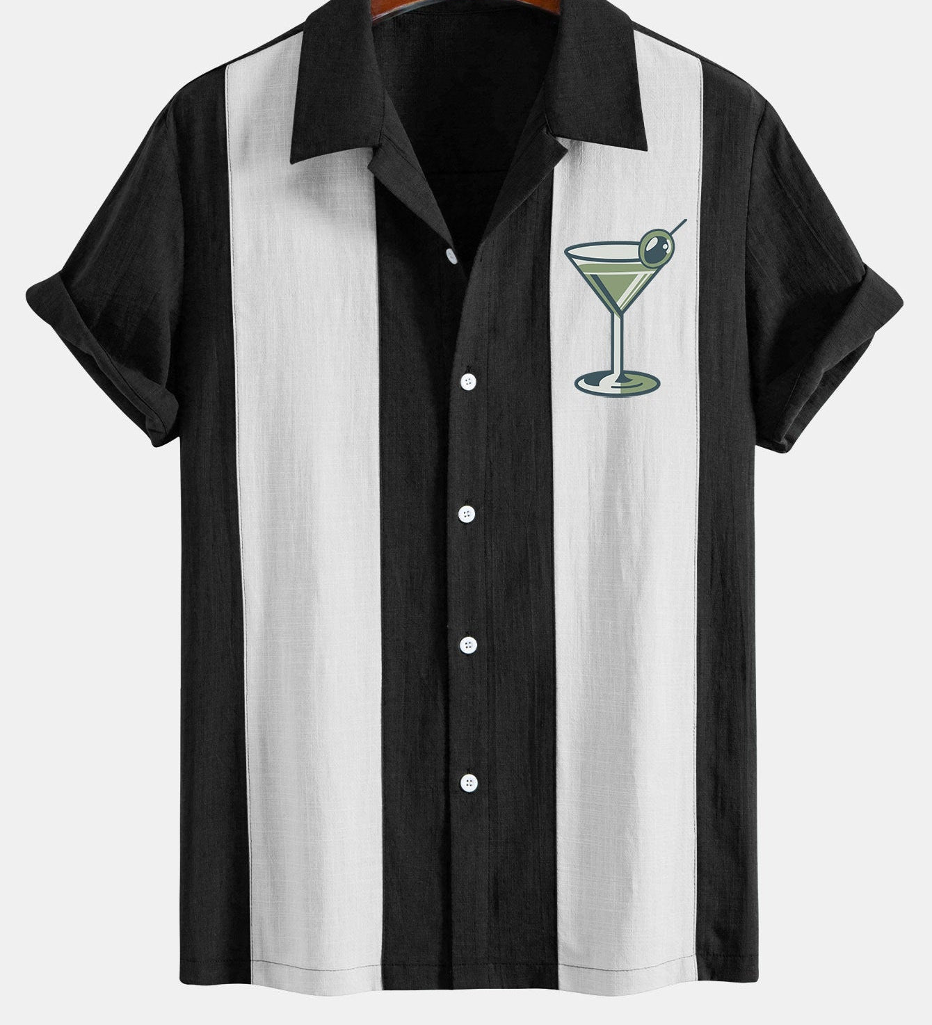 Retro Martini Cocktail Print Linen-Style Patchwork Bowling Shirt