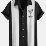 Retro Martini Cocktail Print Linen-Style Patchwork Bowling Shirt
