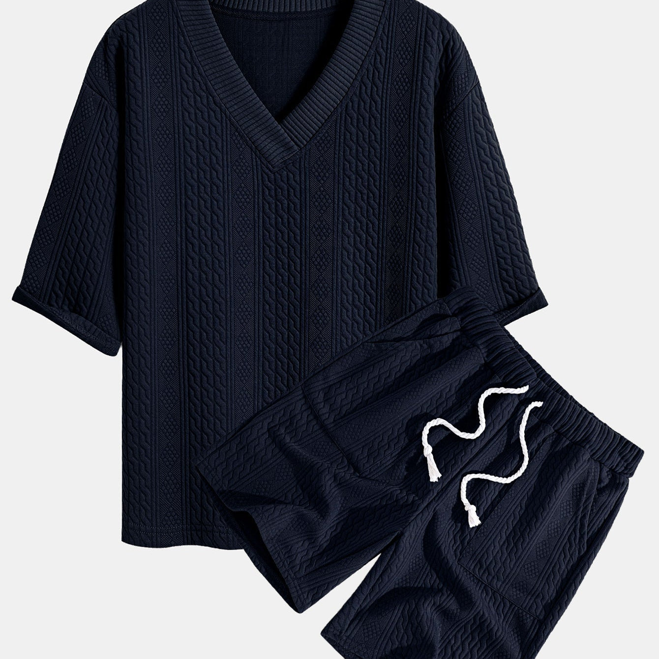 Relaxed Fit Geometric Jacquard V-Neck T-Shirt with Three-Quarter Sleeves and Shorts