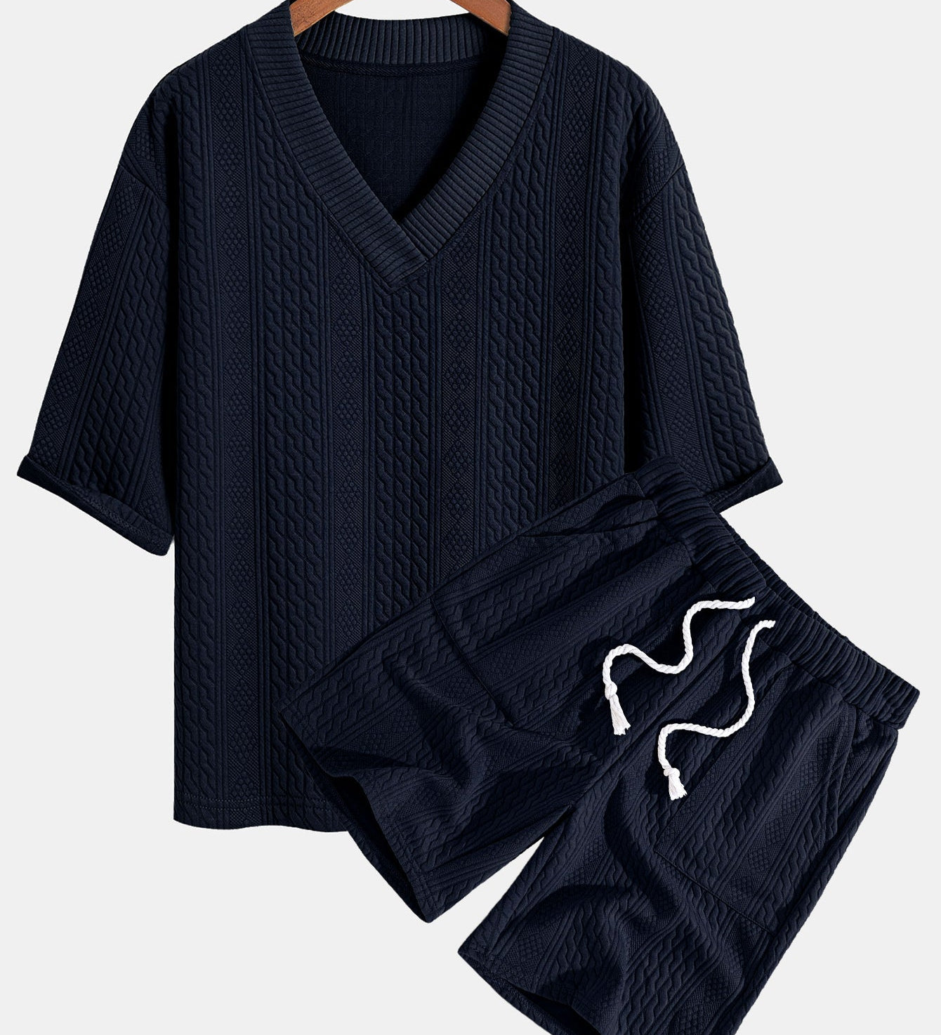 Relaxed Fit Geometric Jacquard V-Neck T-Shirt with Three-Quarter Sleeves and Shorts