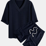 Relaxed Fit Geometric Jacquard V-Neck T-Shirt with Three-Quarter Sleeves and Shorts