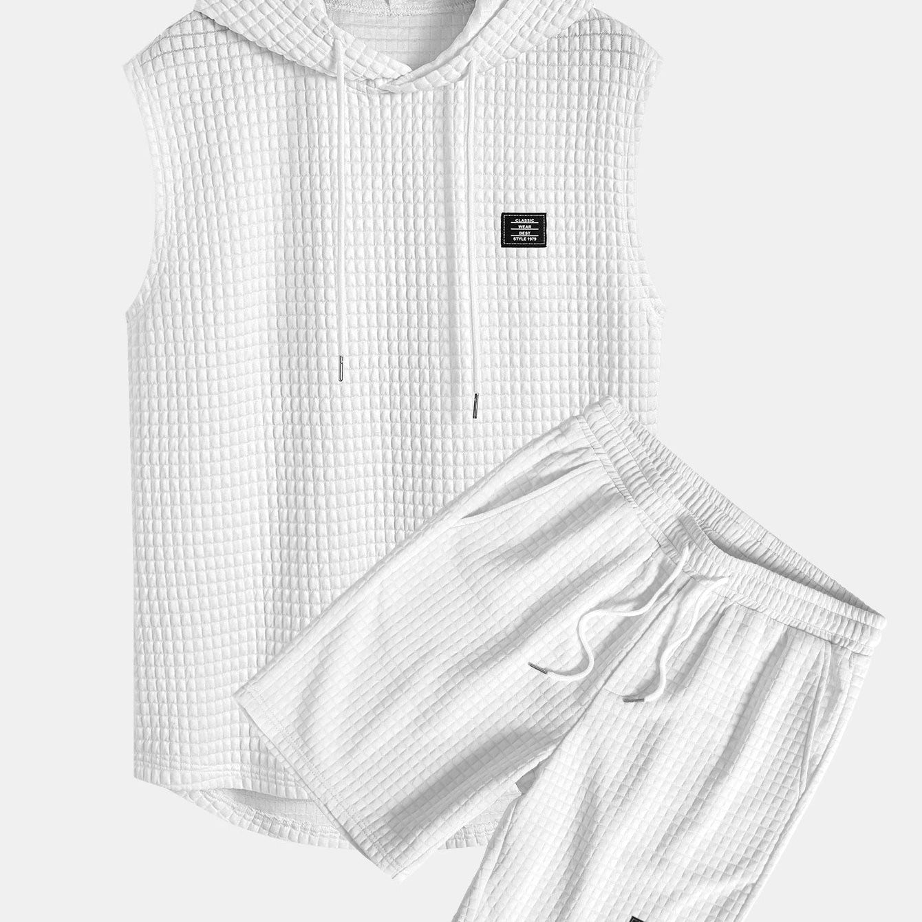Waffle Knit Sleeveless Hooded Vest and Drawstring Shorts Set