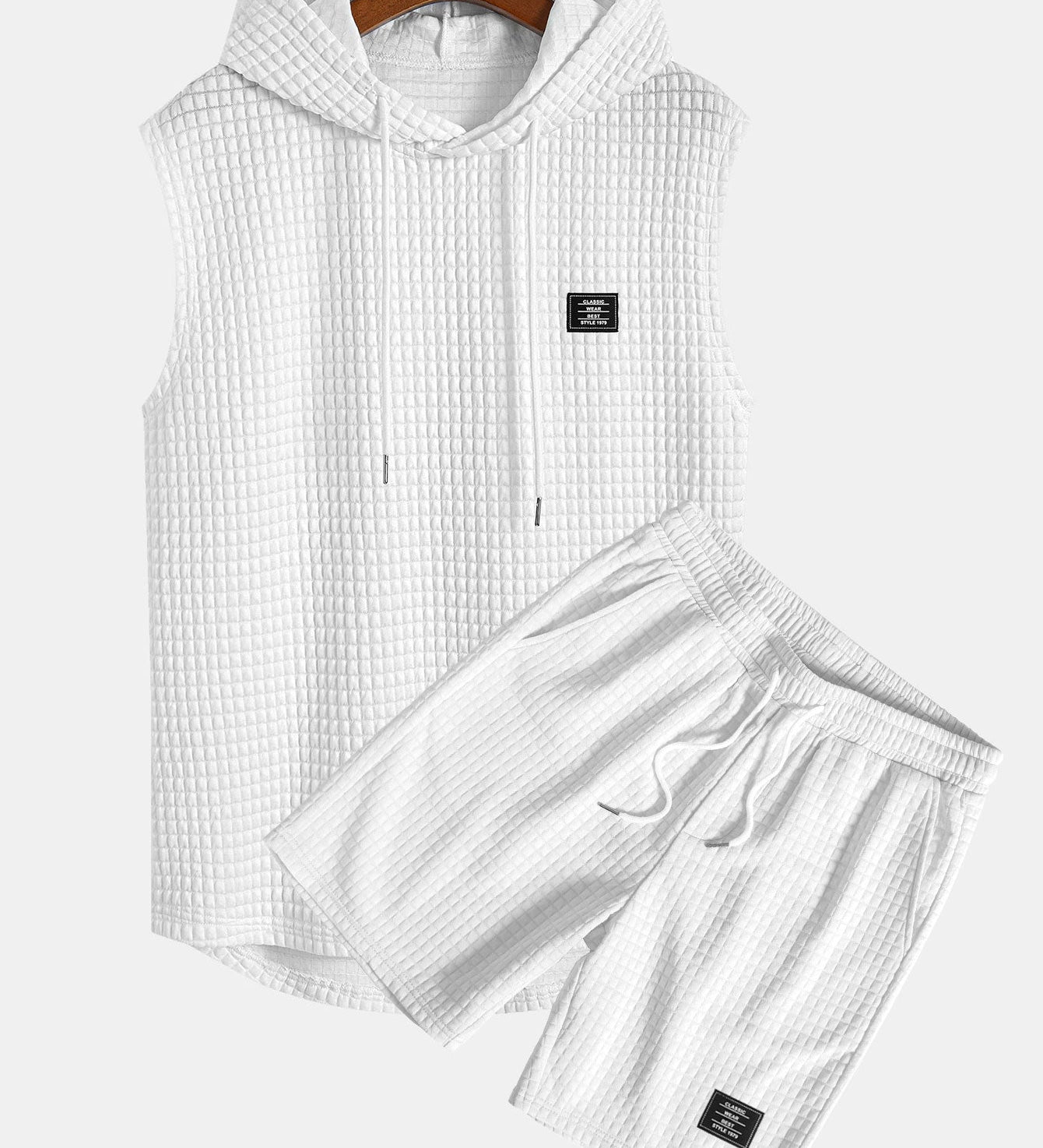 Waffle Knit Sleeveless Hooded Vest and Drawstring Shorts Set