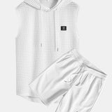 Waffle Knit Sleeveless Hooded Vest and Drawstring Shorts Set