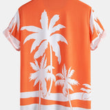 Palm Tree Print Button-Up Shirt with Matching Mid-Length Drawstring Swim Shorts for Men