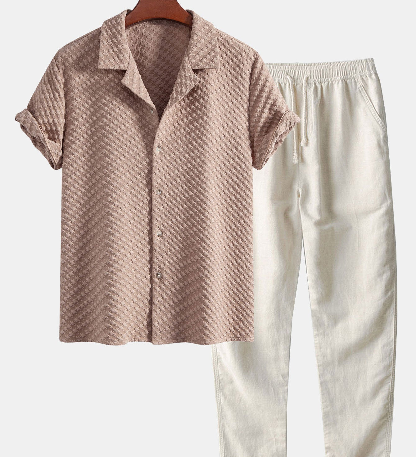 Houndstooth Jacquard Cuban Collar Shirt with Straight-Leg Linen Trousers