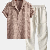 Houndstooth Jacquard Cuban Collar Shirt with Straight-Leg Linen Trousers
