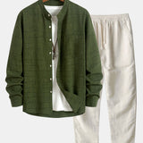 Long Sleeve Stand Collar Top with Straight Leg Linen Trousers