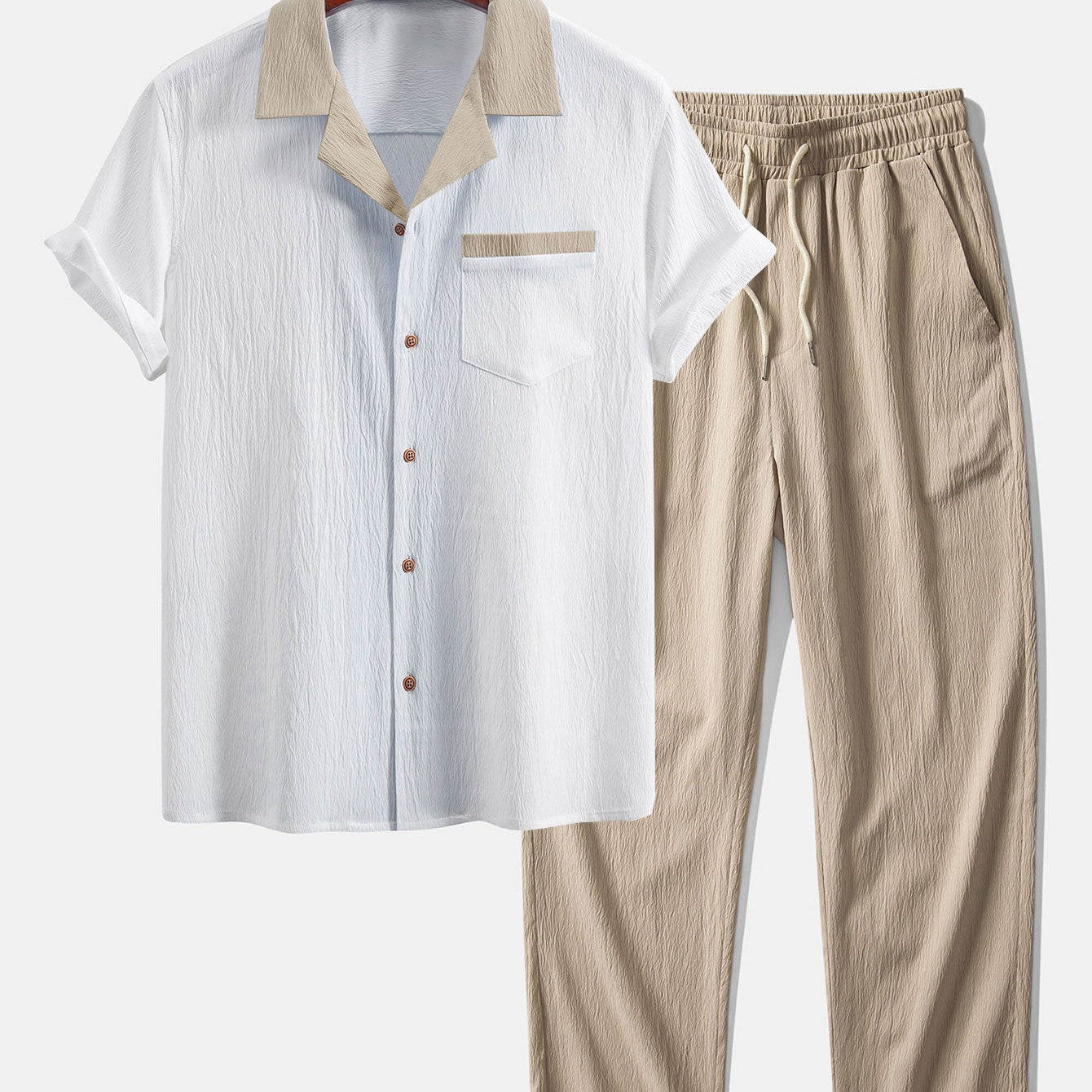 Textured Cuban Shirt with Contrast Details & Straight-Leg Trousers