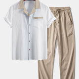 Textured Cuban Shirt with Contrast Details & Straight-Leg Trousers