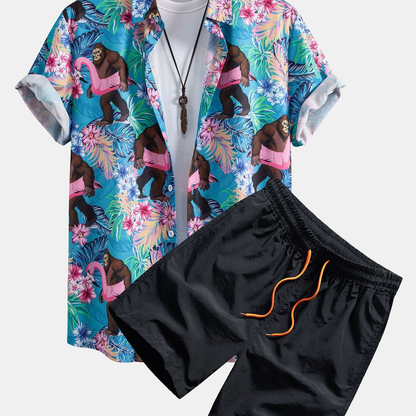 Tropical Print Button-Up Shirt and Swim Shorts Featuring Orangutans