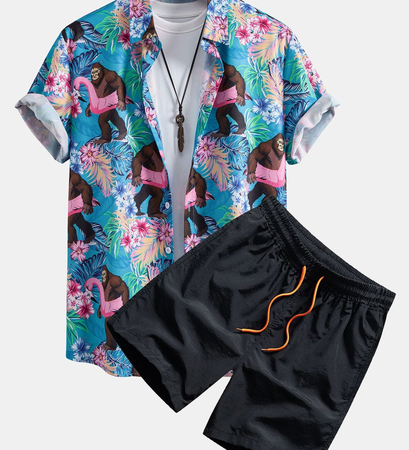 Tropical Print Button-Up Shirt and Swim Shorts Featuring Orangutans