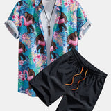 Tropical Print Button-Up Shirt and Swim Shorts Featuring Orangutans
