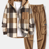Cozy Flannel Plaid Hooded Shirt with Corduroy Patchwork & Matching Cargo Jogger Pants
