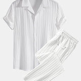 Striped Jacquard Cuban Collar Shirt with Straight-Leg Trousers