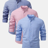 Set of 3 Seersucker Striped Stand Collar Shirts