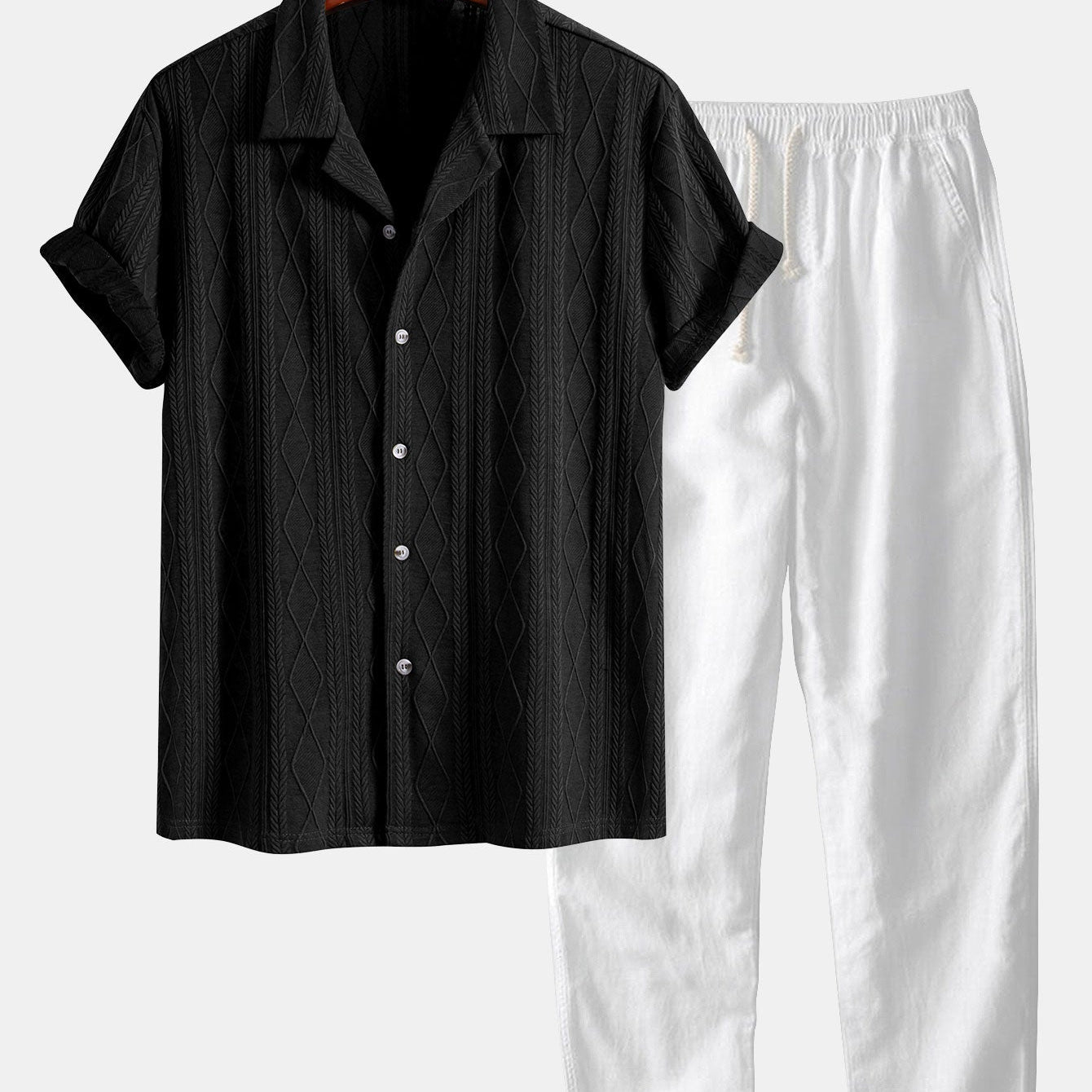 Geometric Rhombus Jacquard Knit Cuban Shirt with Straight Leg Linen Trousers