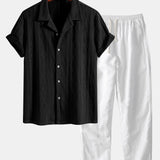 Geometric Rhombus Jacquard Knit Cuban Shirt with Straight Leg Linen Trousers