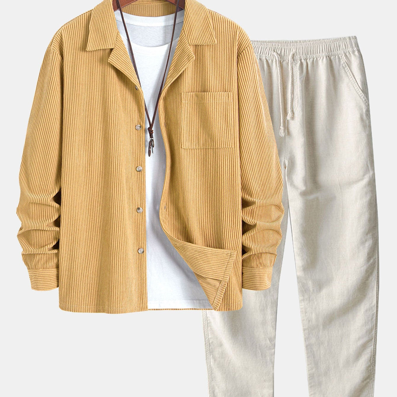 Corduroy Long Sleeve Cuban Collar Shirt with Straight Leg Linen Trousers