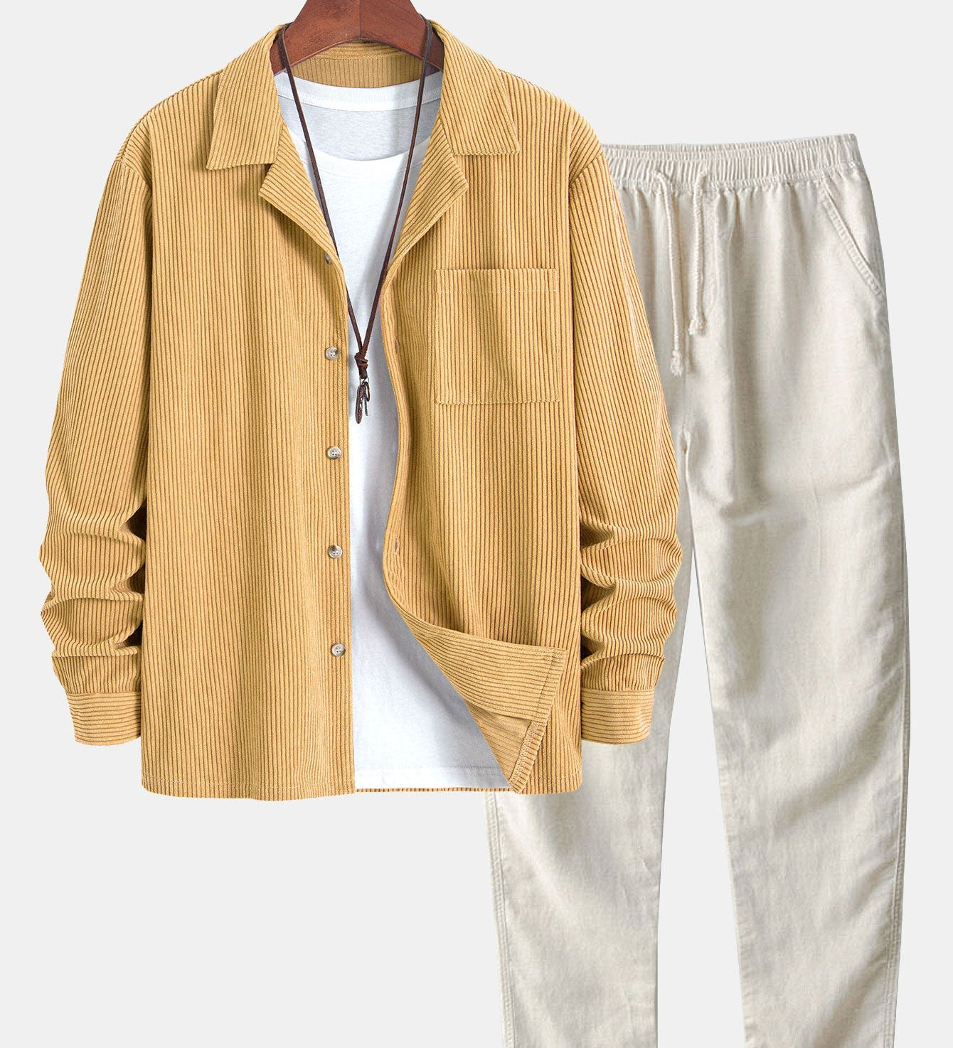 Corduroy Long Sleeve Cuban Collar Shirt with Straight Leg Linen Trousers