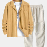 Corduroy Long Sleeve Cuban Collar Shirt with Straight Leg Linen Trousers