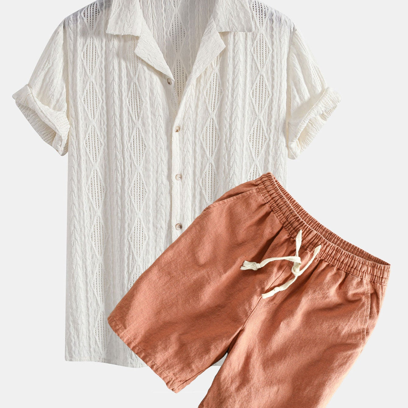 Geometric Jacquard Cuban Shirt with Linen-Cotton Blend Shorts
