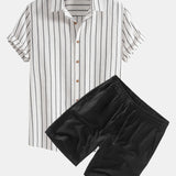 Striped Button-Up Shirt in Cotton Blend with Linen Drawstring Shorts