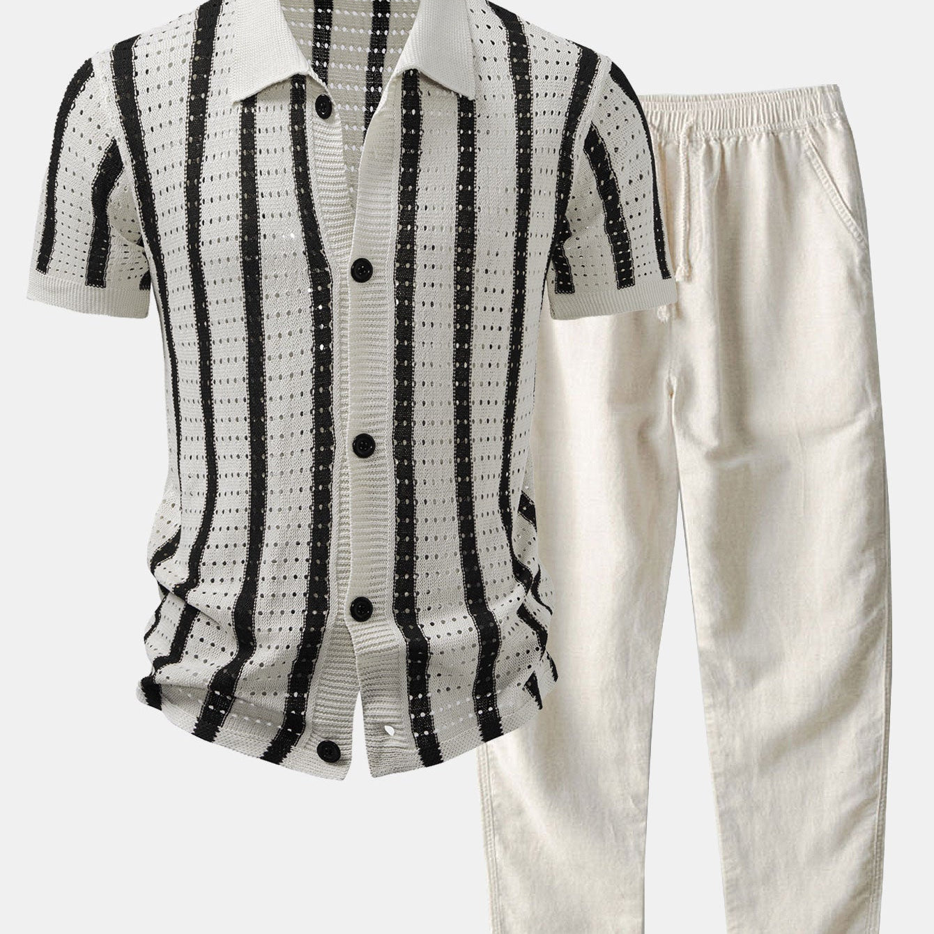 Striped Eyelet Knit Top & Straight-Leg Linen Trousers