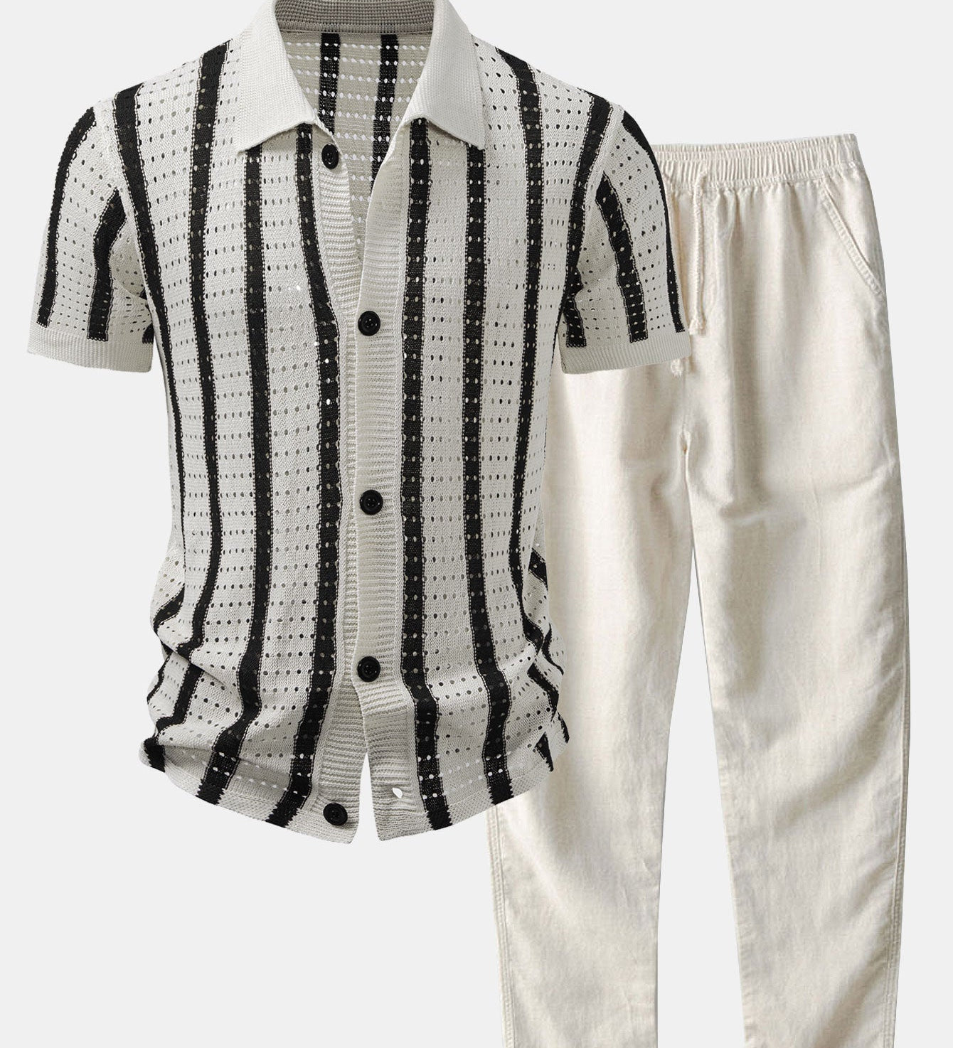 Striped Eyelet Knit Top & Straight-Leg Linen Trousers