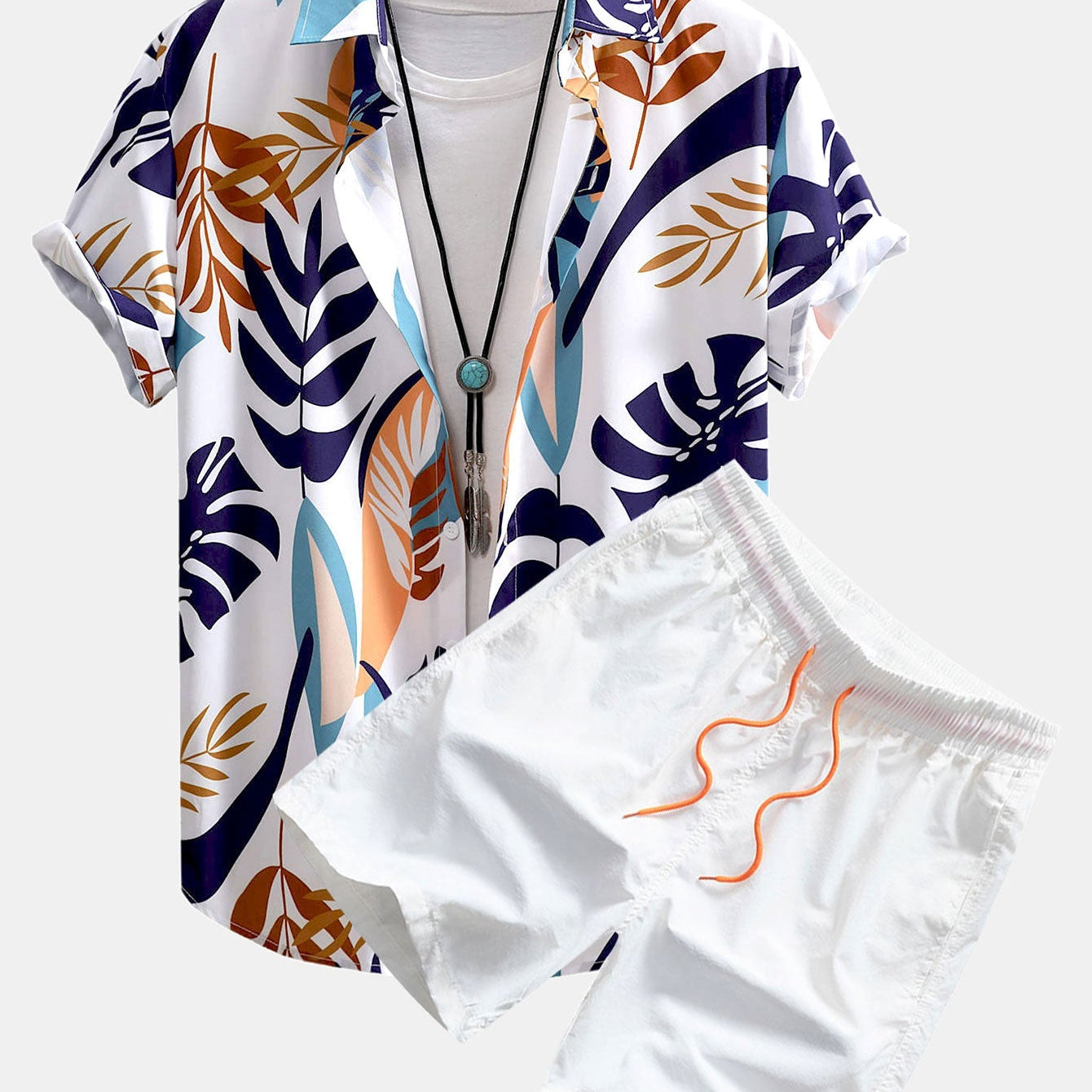 Vibrant Leaf Pattern Button-Up Shirt with Matching Swim Shorts