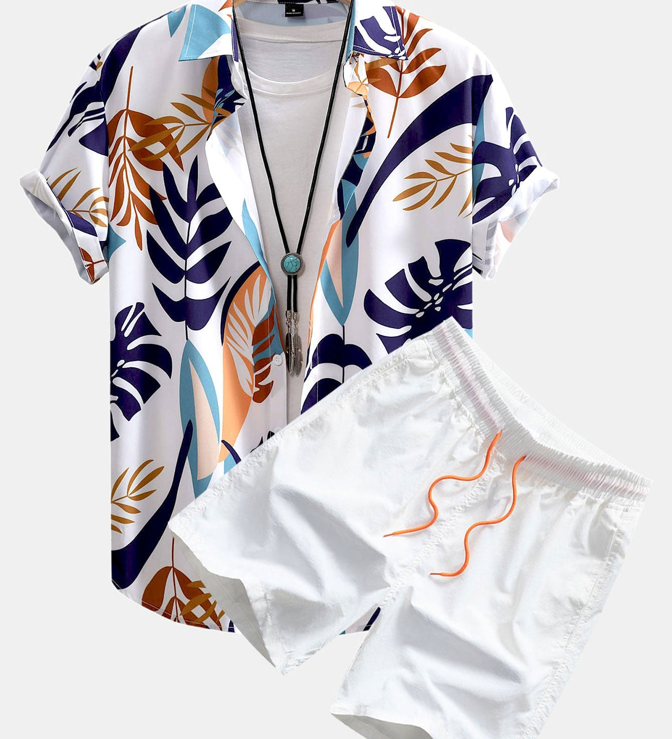 Vibrant Leaf Pattern Button-Up Shirt with Matching Swim Shorts