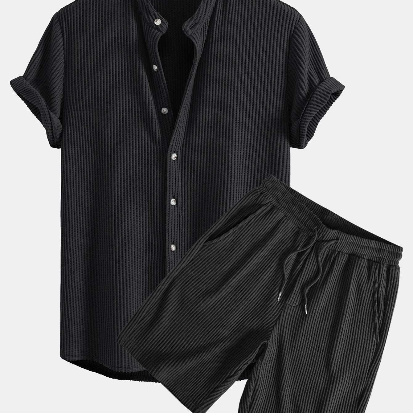 Waffle Textured Stand Collar Shirt with Drawstring Waffle Shorts