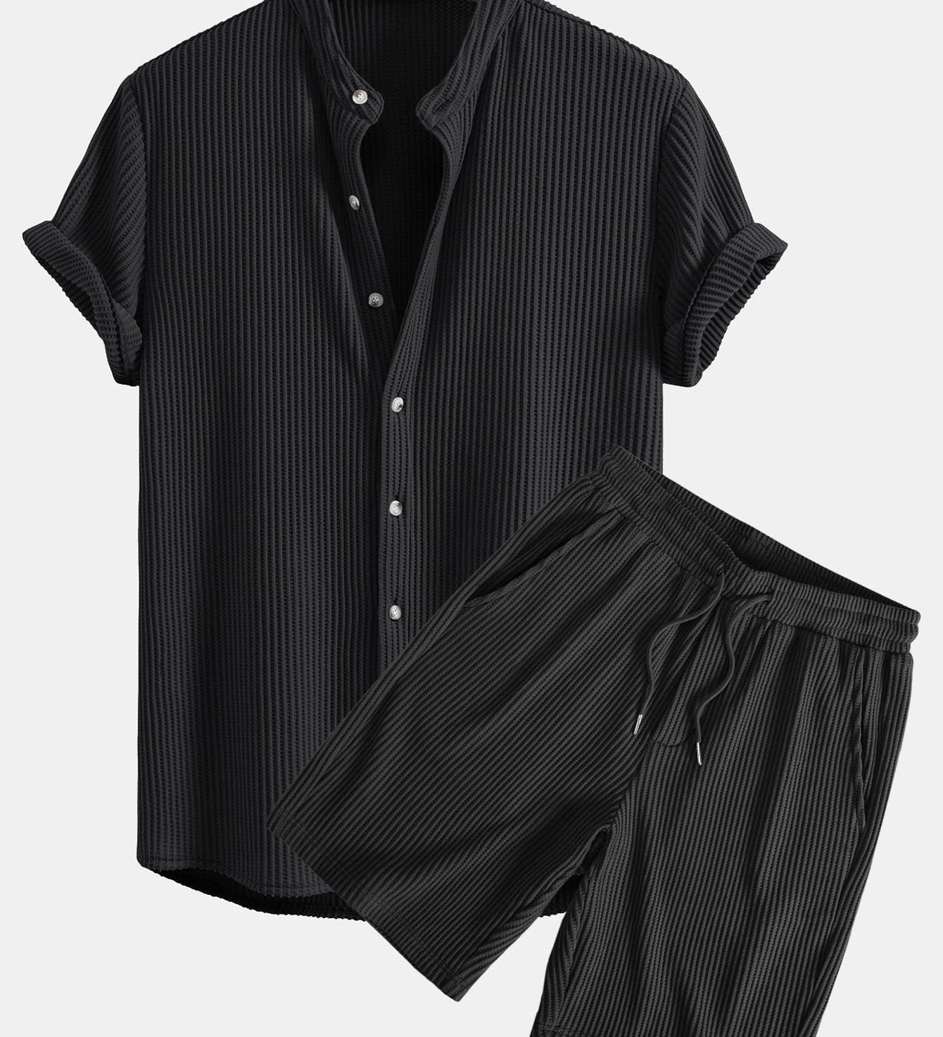 Waffle Textured Stand Collar Shirt with Drawstring Waffle Shorts