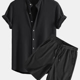 Waffle Textured Stand Collar Shirt with Drawstring Waffle Shorts