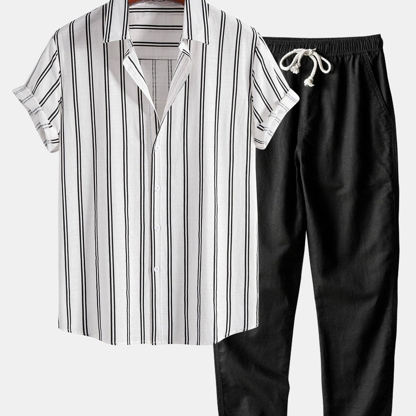 Striped Button-Up Shirt and Straight-Leg Linen Pants Set