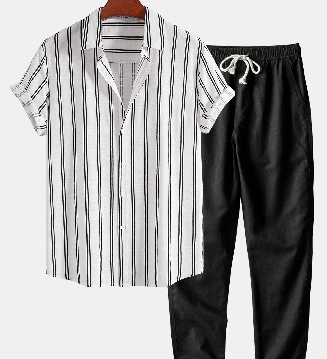 Striped Button-Up Shirt and Straight-Leg Linen Pants Set