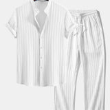 Textured Stand Collar Top & Straight-Leg Trousers