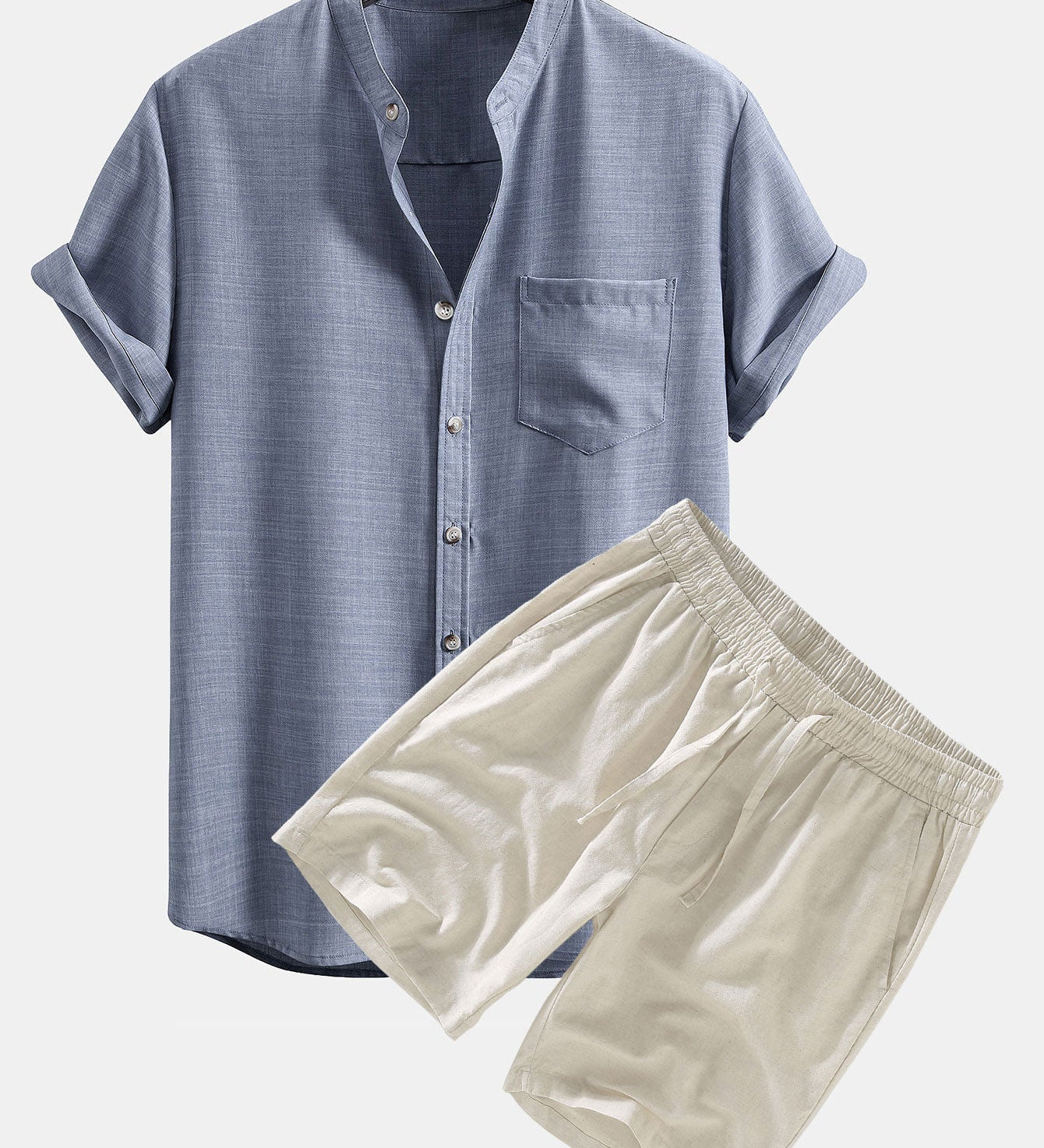Short Sleeve Stand Collar Shirt with Linen Drawstring Shorts