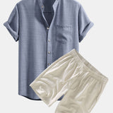 Short Sleeve Stand Collar Shirt with Linen Drawstring Shorts