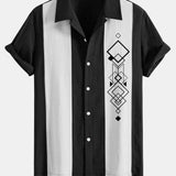 Geometric Rhombus Print Linen-Style Patchwork Bowling Shirt