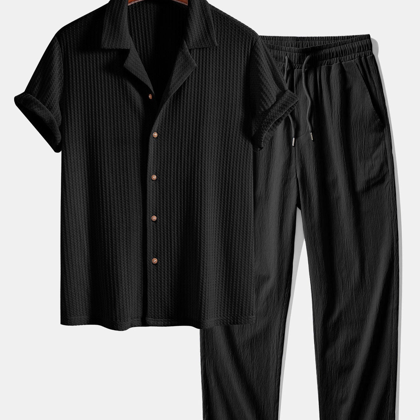 Cuban Collar Short Sleeve Knitted Waffle Shirt with Crinkle Textured Straight Leg Pants