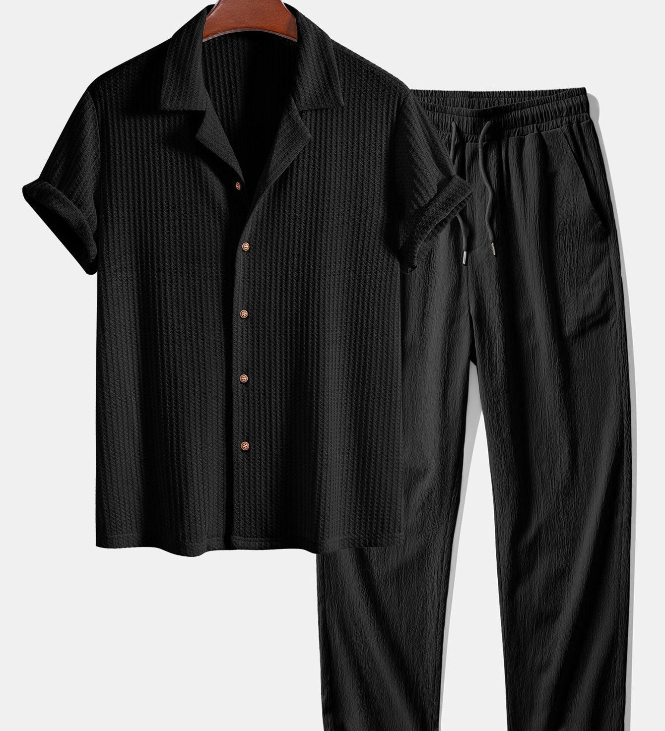 Cuban Collar Short Sleeve Knitted Waffle Shirt with Crinkle Textured Straight Leg Pants