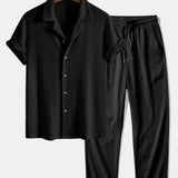 Cuban Collar Short Sleeve Knitted Waffle Shirt with Crinkle Textured Straight Leg Pants