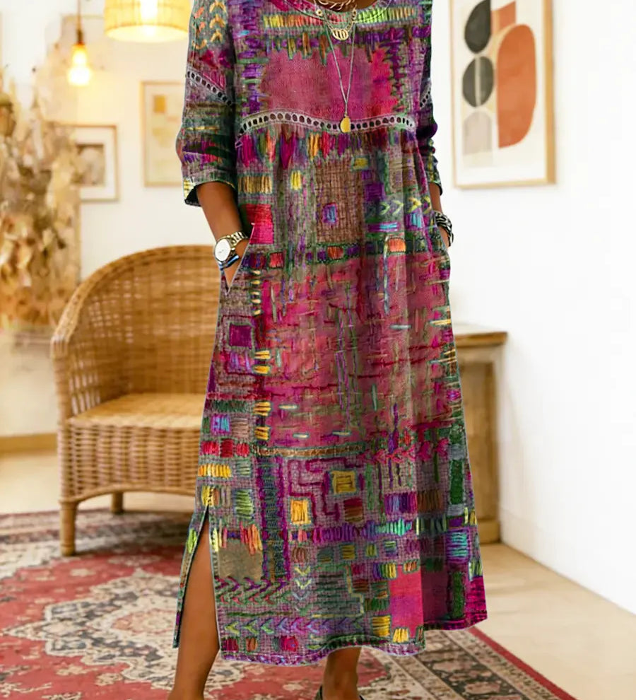 RENATA – Spalvinga džinsinė patchwork suknelė