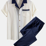 Textured Cuban Shirt with Contrast Details & Straight-Leg Trousers