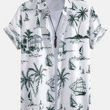 Island-Inspired Sailing Print Button-Up Shirt with Solid Drawstring Swim Shorts