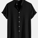 Linen-Rayon Blend Stand Collar Shirt with Linen-Cotton Blend Drawstring Shorts