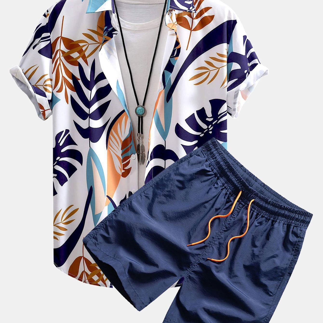 Vibrant Leaf Pattern Button-Up Shirt with Matching Swim Shorts