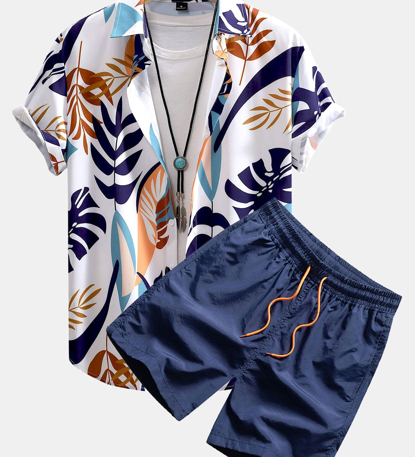 Vibrant Leaf Pattern Button-Up Shirt with Matching Swim Shorts